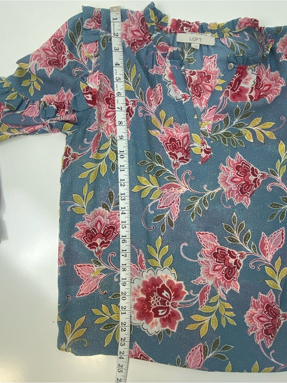 LOFT Teal Floral Ruffle-Shoulder Blouse with Pink Blooms - Picture 7 of 7